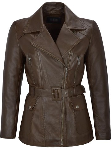 Women's Real Lambskin Brown Leather Jacket Trench Fashion Designer Mid-Length Winter Coat