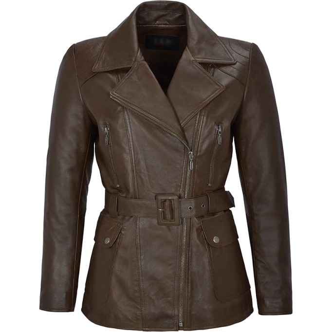 Women's Real Lambskin Brown Leather Jacket Trench Fashion Designer Mid-Length Winter Coat