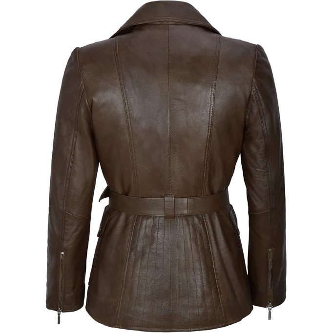 Women's Real Lambskin Brown Leather Jacket Trench Fashion Designer Mid-Length Winter Coat
