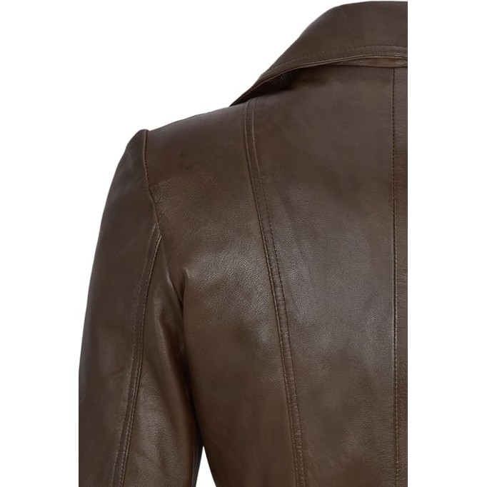 Women's Real Lambskin Brown Leather Jacket Trench Fashion Designer Mid-Length Winter Coat
