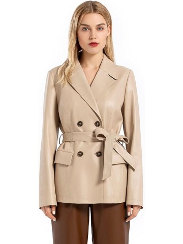 Women’s Casual Double Breasted Leather Blazer Genuine Lambskin Leather Jacket Coat