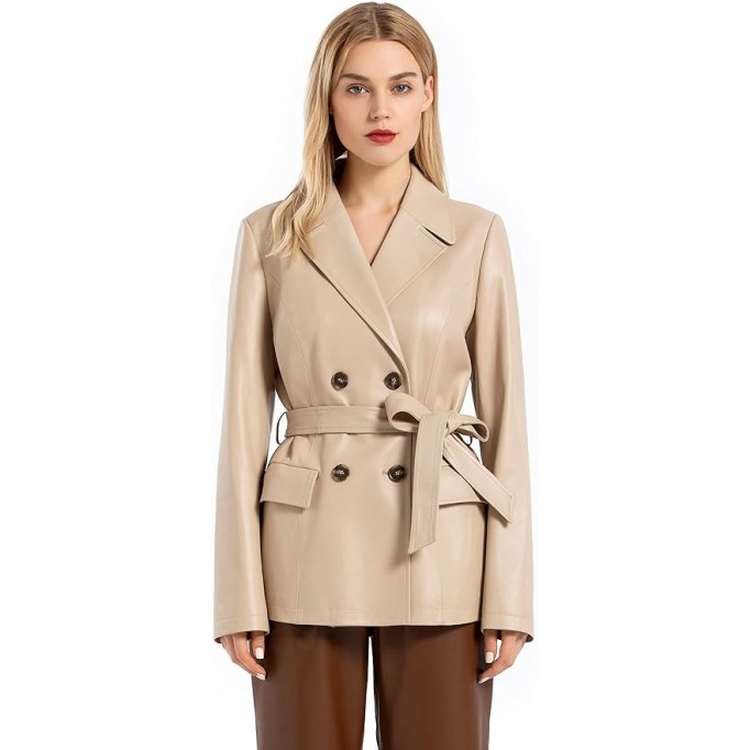 Women’s Casual Double Breasted Leather Blazer Genuine Lambskin Leather Jacket Coat