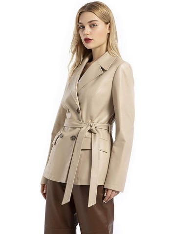 Women’s Casual Double Breasted Leather Blazer Genuine Lambskin Leather Jacket Coat