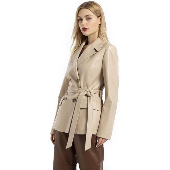 Women’s Casual Double Breasted Leather Blazer Genuine Lambskin Leather Jacket Coat