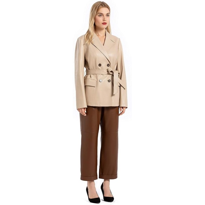 Women’s Casual Double Breasted Leather Blazer Genuine Lambskin Leather Jacket Coat