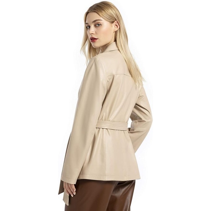 Women’s Casual Double Breasted Leather Blazer Genuine Lambskin Leather Jacket Coat