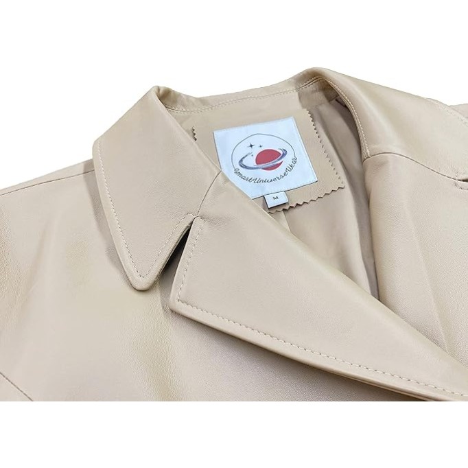 Women’s Casual Double Breasted Leather Blazer Genuine Lambskin Leather Jacket Coat