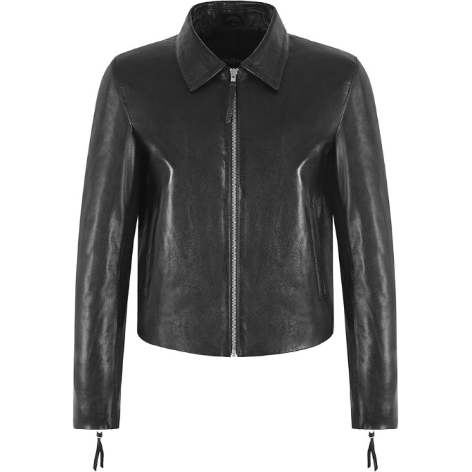 Ladies CLASSIC SPREAD COLLAR Jacket Black Genuine Leather Regular Fit Top Jacket