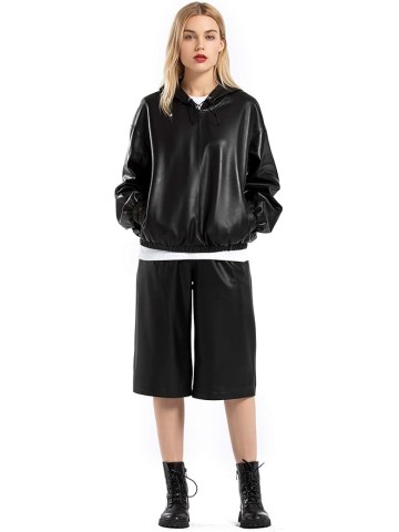 Women's Lambskin Leather Hooded Jacket Coat Black Hoodies