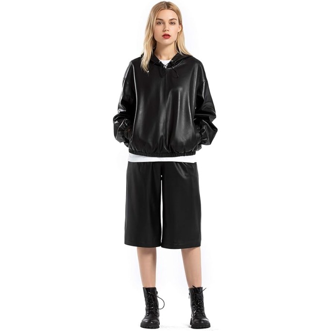 Women's Lambskin Leather Hooded Jacket Coat Black Hoodies