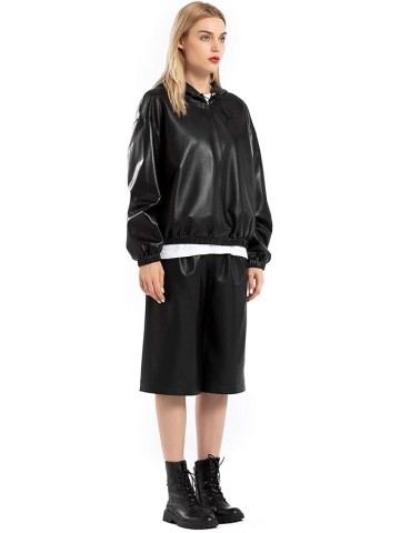 Women's Lambskin Leather Hooded Jacket Coat Black Hoodies