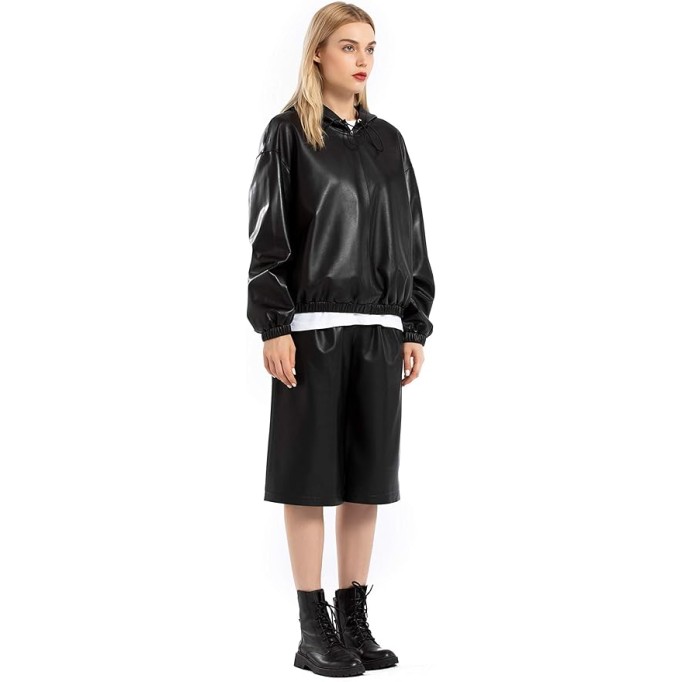 Women's Lambskin Leather Hooded Jacket Coat Black Hoodies