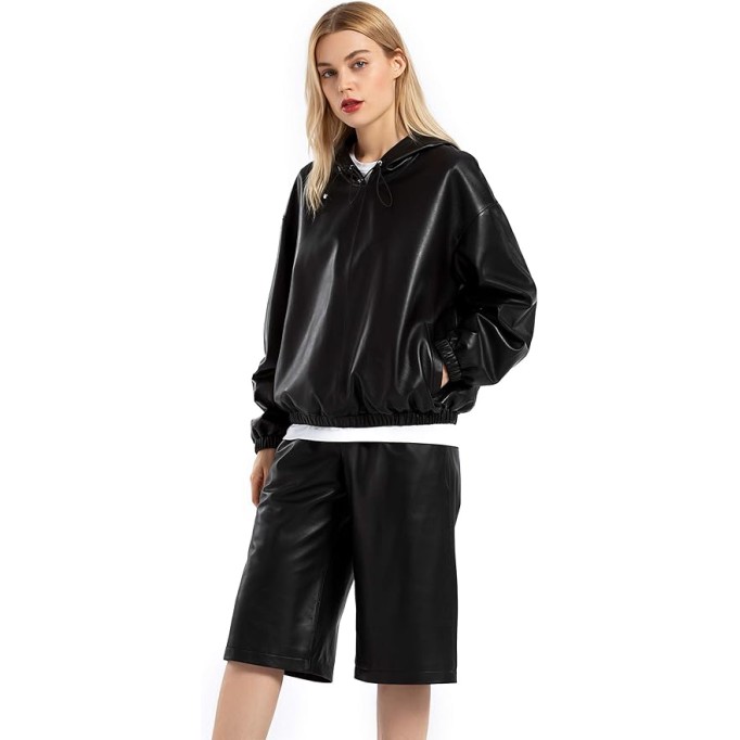 Women's Lambskin Leather Hooded Jacket Coat Black Hoodies