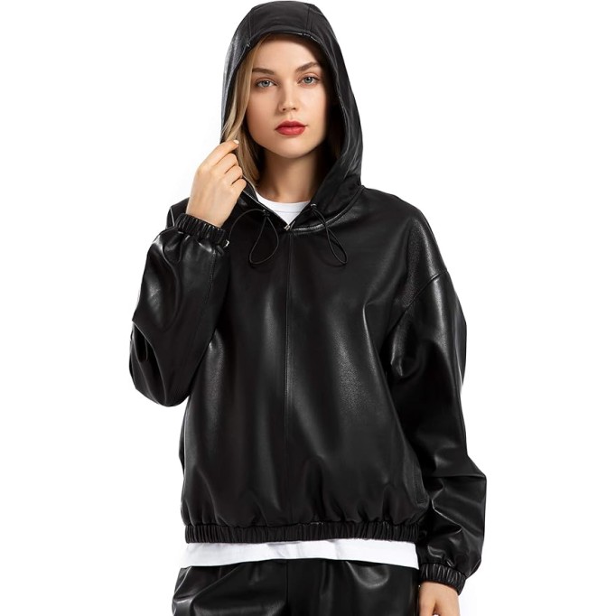 Women's Lambskin Leather Hooded Jacket Coat Black Hoodies