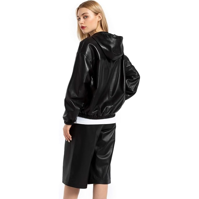 Women's Lambskin Leather Hooded Jacket Coat Black Hoodies