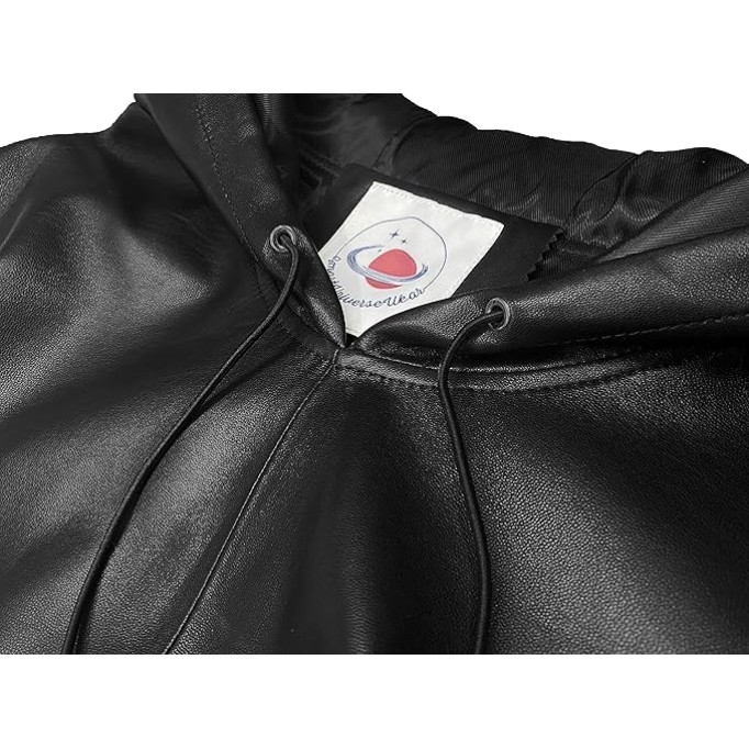 Women's Lambskin Leather Hooded Jacket Coat Black Hoodies