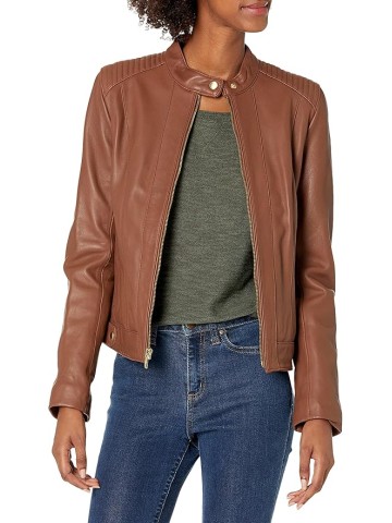 Women's Racer with Quilted Panels Leather Jacket