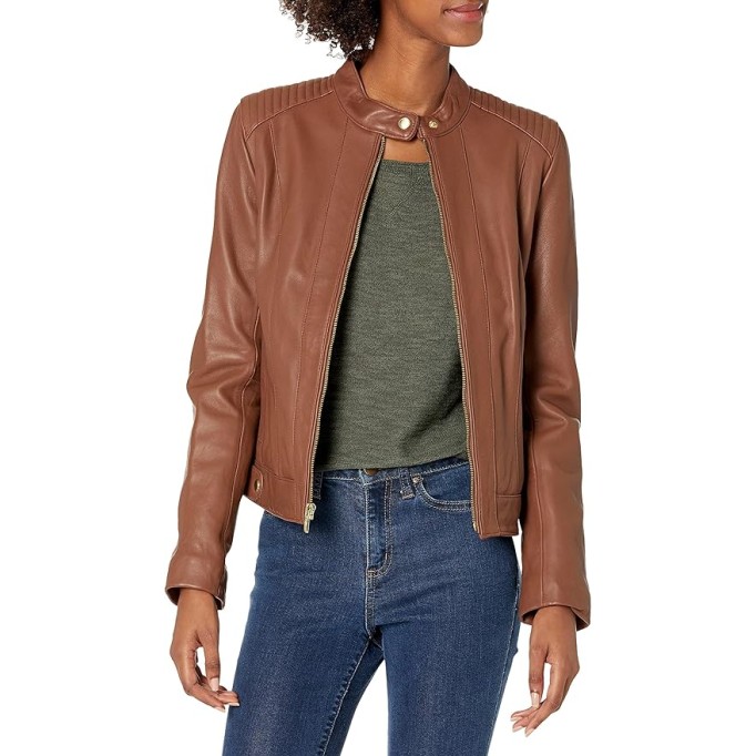 Women's Racer with Quilted Panels Leather Jacket