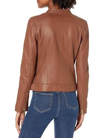 Women's Racer with Quilted Panels Leather Jacket