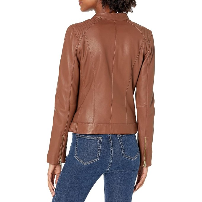 Women's Racer with Quilted Panels Leather Jacket