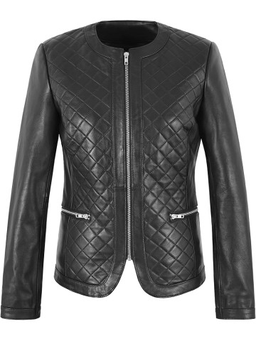 Ladies Biker Style Black Collarless Front Diamond Classic Lambskin Leather Jacket 2822