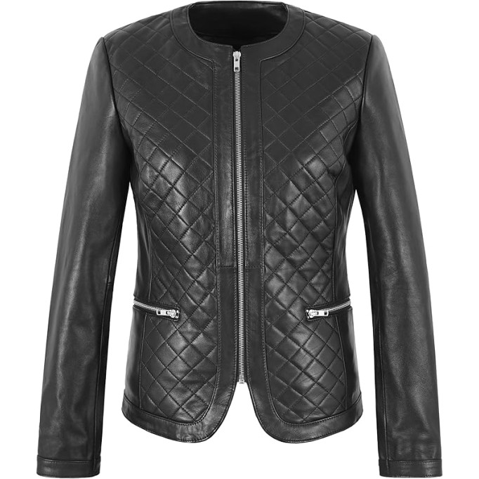 Ladies Biker Style Black Collarless Front Diamond Classic Lambskin Leather Jacket 2822