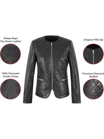Ladies Biker Style Black Collarless Front Diamond Classic Lambskin Leather Jacket 2822