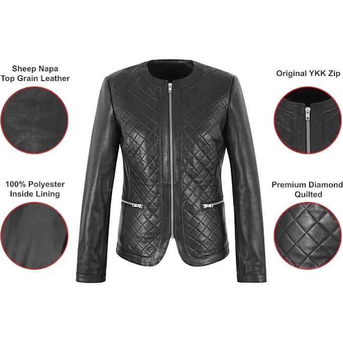 Ladies Biker Style Black Collarless Front Diamond Classic Lambskin Leather Jacket 2822