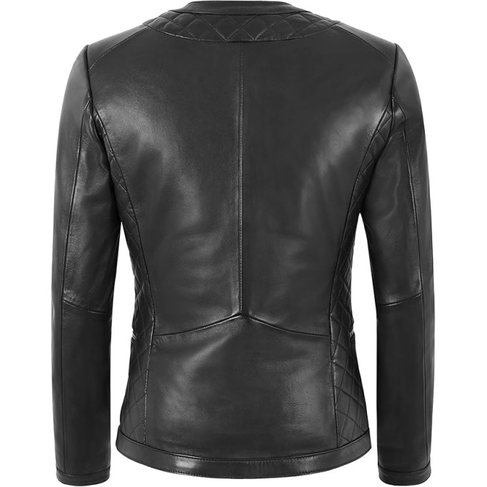 Ladies Biker Style Black Collarless Front Diamond Classic Lambskin Leather Jacket 2822