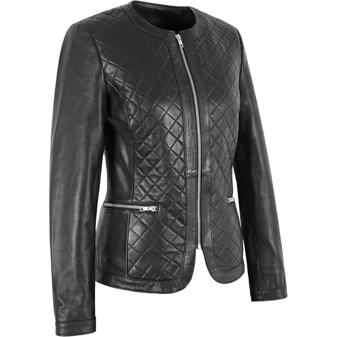 Ladies Biker Style Black Collarless Front Diamond Classic Lambskin Leather Jacket 2822