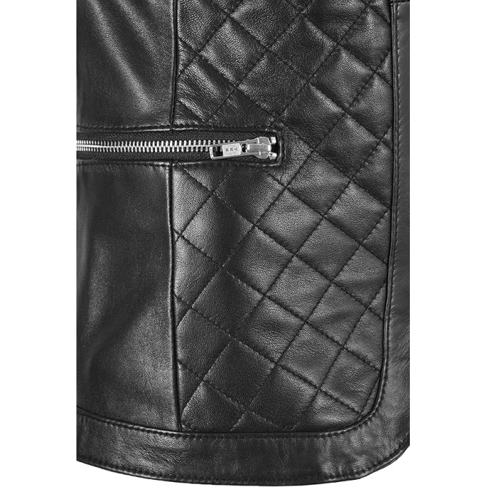 Ladies Biker Style Black Collarless Front Diamond Classic Lambskin Leather Jacket 2822