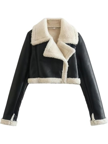 Women’s Black Genuine Sheepskin Sherpa Shearling Faux Fur Lined Winter Warm Chic Short Fashionable Bomber Leather Jacket (Large, Black)