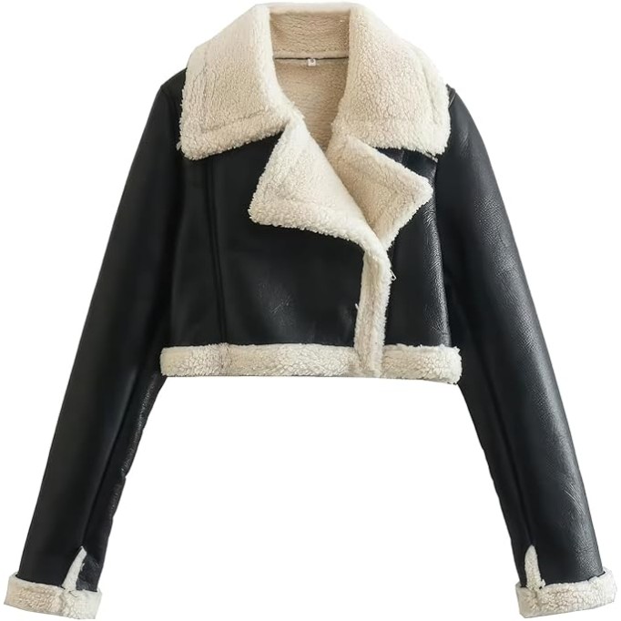 Women’s Black Genuine Sheepskin Sherpa Shearling Faux Fur Lined Winter Warm Chic Short Fashionable Bomber Leather Jacket (Large, Black)