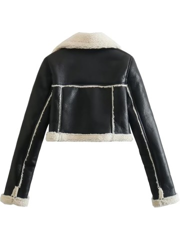 Women’s Black Genuine Sheepskin Sherpa Shearling Faux Fur Lined Winter Warm Chic Short Fashionable Bomber Leather Jacket (Large, Black)