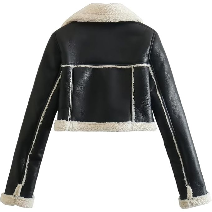 Women’s Black Genuine Sheepskin Sherpa Shearling Faux Fur Lined Winter Warm Chic Short Fashionable Bomber Leather Jacket (Large, Black)