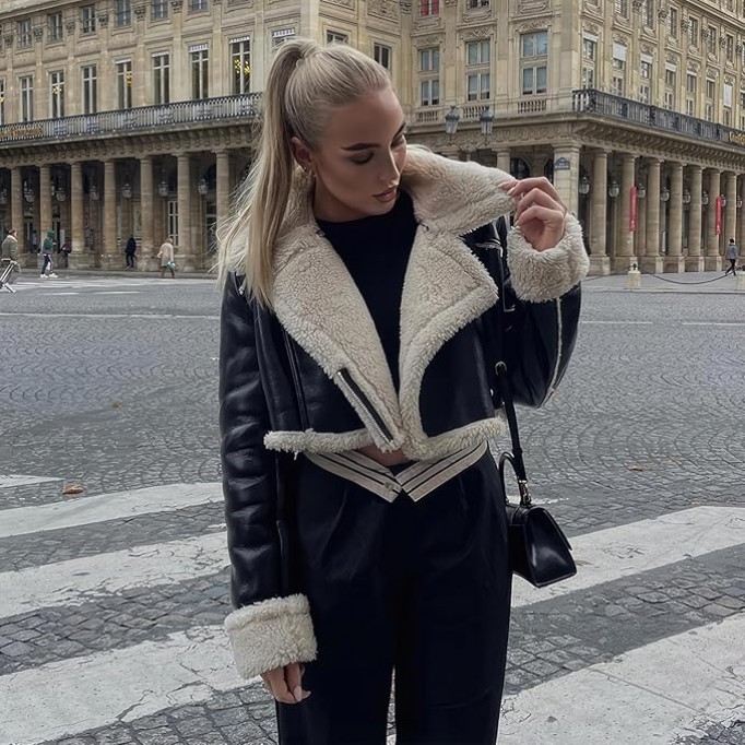 Women’s Black Genuine Sheepskin Sherpa Shearling Faux Fur Lined Winter Warm Chic Short Fashionable Bomber Leather Jacket (Large, Black)