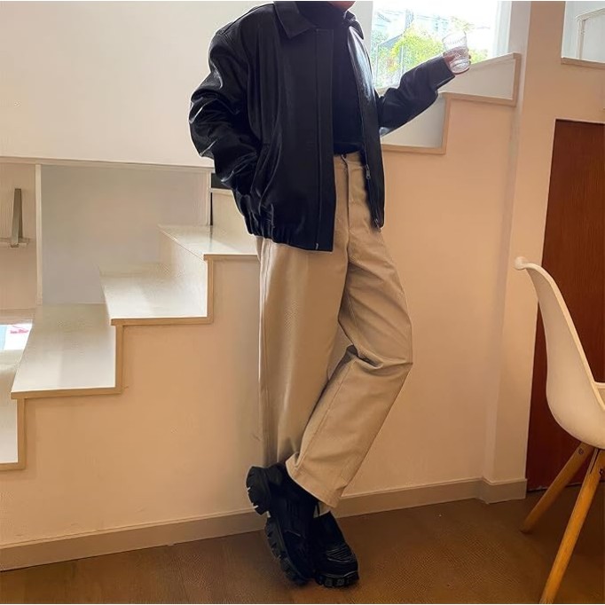 Men’s Black Genuine Sheepskin Shirt Collar Classic Fashion Oversized Korean Loose Casual Smooth Leather Jacket