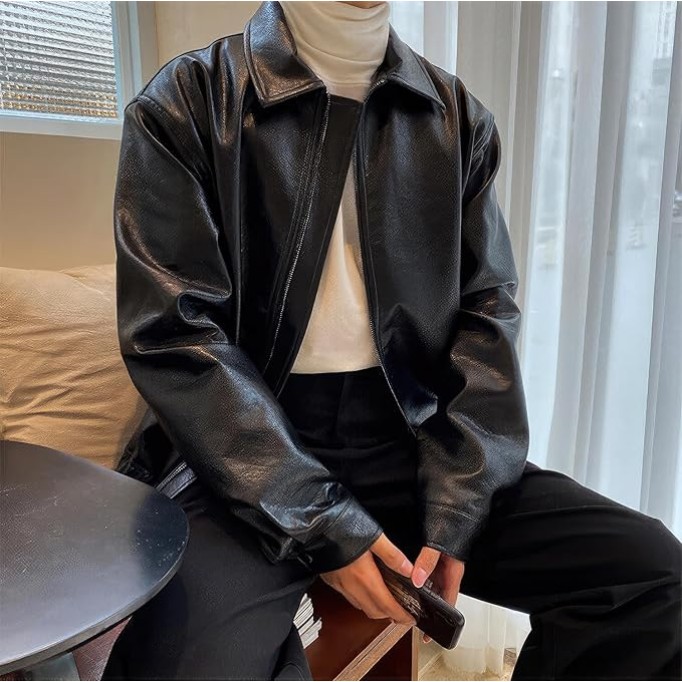 Men’s Black Genuine Sheepskin Shirt Collar Classic Fashion Oversized Korean Loose Casual Smooth Leather Jacket