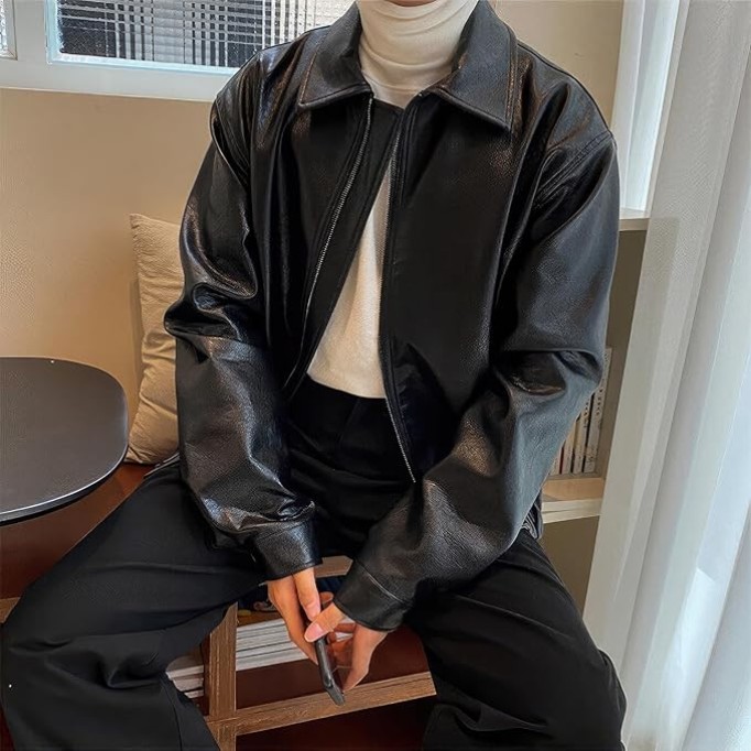 Men’s Black Genuine Sheepskin Shirt Collar Classic Fashion Oversized Korean Loose Casual Smooth Leather Jacket
