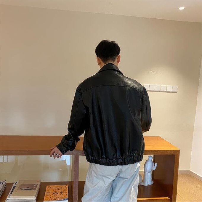 Men’s Black Genuine Sheepskin Shirt Collar Classic Fashion Oversized Korean Loose Casual Smooth Leather Jacket