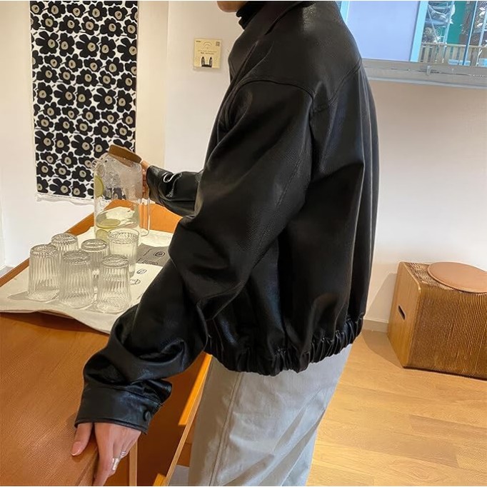 Men’s Black Genuine Sheepskin Shirt Collar Classic Fashion Oversized Korean Loose Casual Smooth Leather Jacket