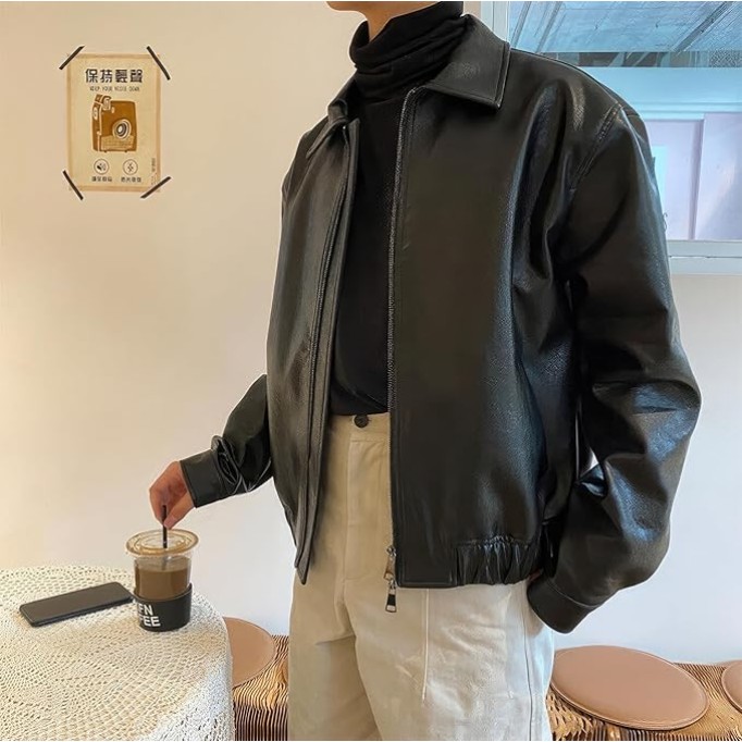 Men’s Black Genuine Sheepskin Shirt Collar Classic Fashion Oversized Korean Loose Casual Smooth Leather Jacket