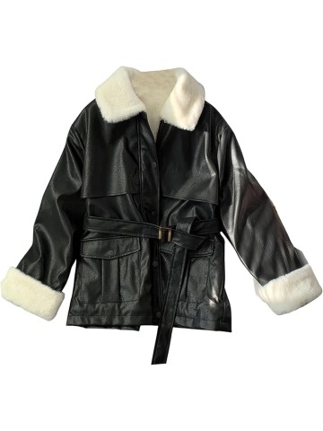 Women’s Black Genuine Sheepskin Sherpa Faux Fur Lined Fashion Loose Leather Jacket