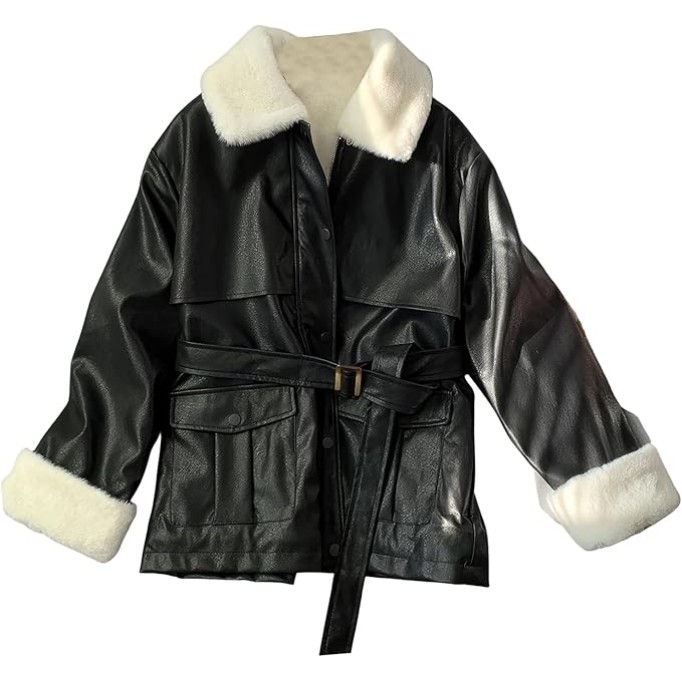Women’s Black Genuine Sheepskin Sherpa Faux Fur Lined Fashion Loose Leather Jacket