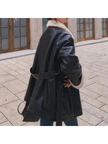 Women’s Black Genuine Sheepskin Sherpa Faux Fur Lined Fashion Loose Leather Jacket