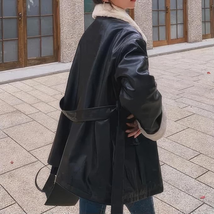 Women’s Black Genuine Sheepskin Sherpa Faux Fur Lined Fashion Loose Leather Jacket