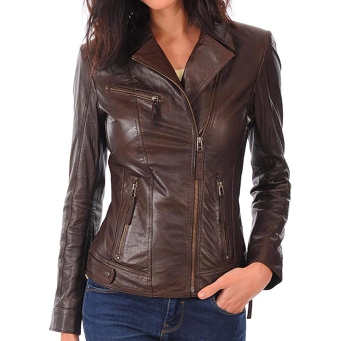 Women Leather Jacket - Lambskin Winter Vintage Motorcycle Biker Jacket, Moto Riding and Racing Jacket, Chocolate Brown - 3X-Large