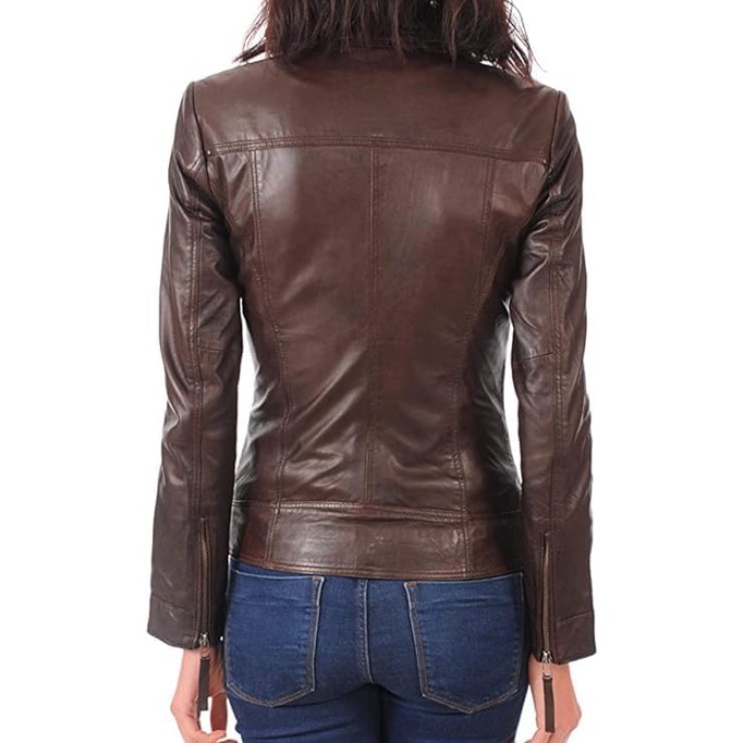 Women Leather Jacket - Lambskin Winter Vintage Motorcycle Biker Jacket, Moto Riding and Racing Jacket, Chocolate Brown - 3X-Large
