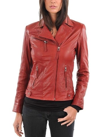 Women Leather Jacket - Lambskin Winter Vintage Motorcycle Biker Jacket, Moto Riding and Racing Jacket, Red - 3X-Large