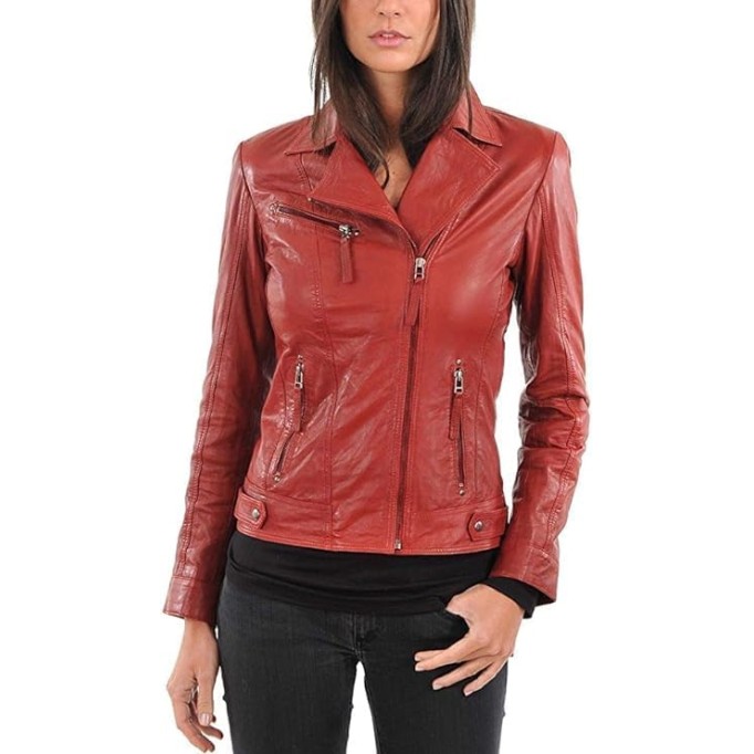 Women Leather Jacket - Lambskin Winter Vintage Motorcycle Biker Jacket, Moto Riding and Racing Jacket, Red - 3X-Large